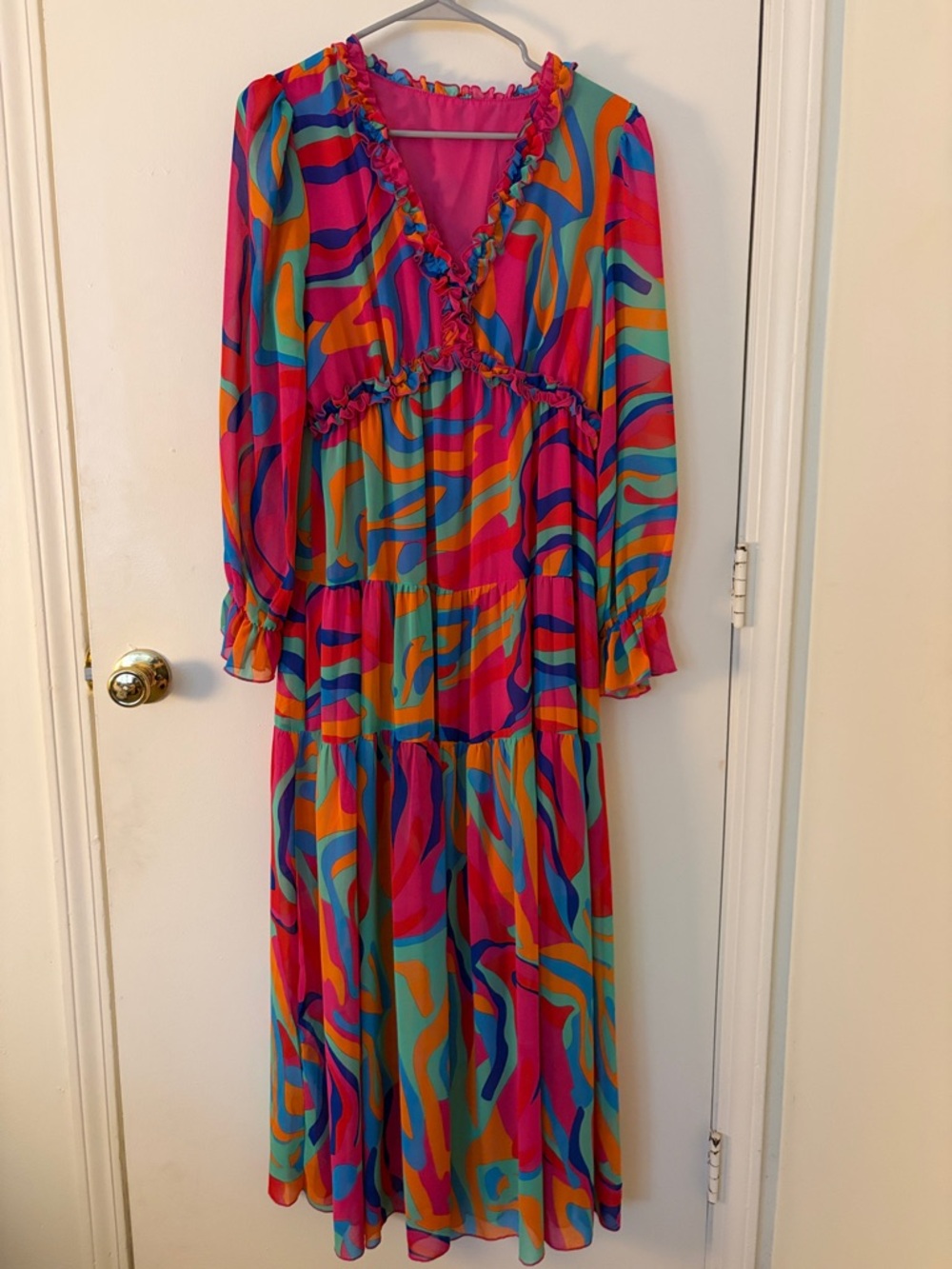 Vibrant Multicolor Ruffle Long Sleeve V-Neck Maxi Dress